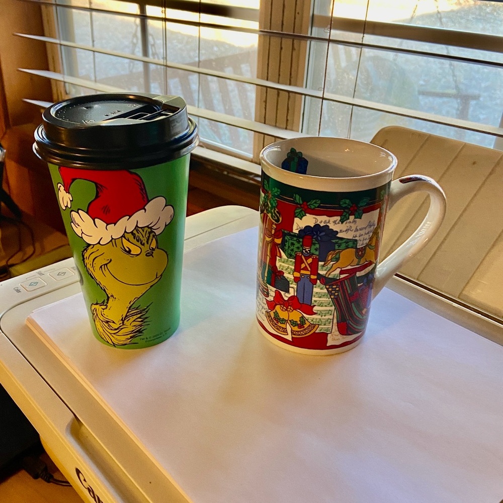 Festive Holiday Mug with Colorful Design & Grinch cup Both never used